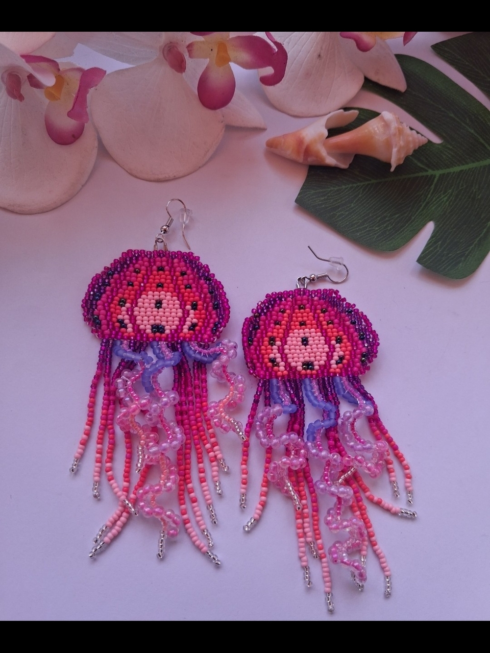 Handmade Beaded Jellyfish Earrings - Pink & Purple - Picture 3 of 4